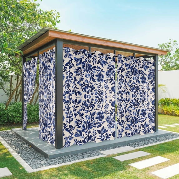 Retro Flower Outdoor Curtains for Patio Waterproof, Spring Abstract Dark Blue Floral Pattern Vintage Grommet Curtains for Porch Outside Privacy Drape for Gazebo Garden Pergola, 1 Panel, 54x108in