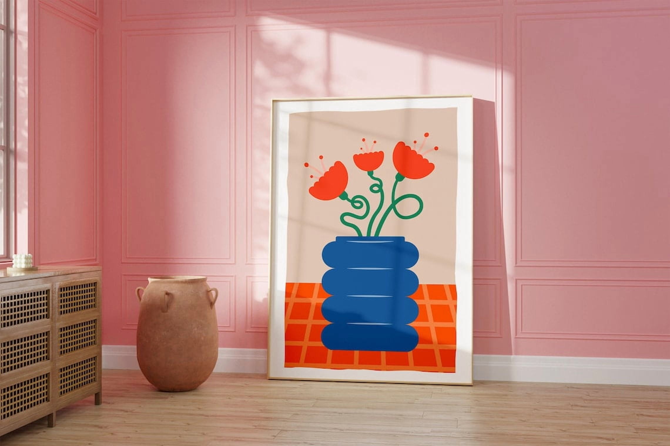 Retro Flower Poster Funky Orange & Blue Floral Art Poster Decor