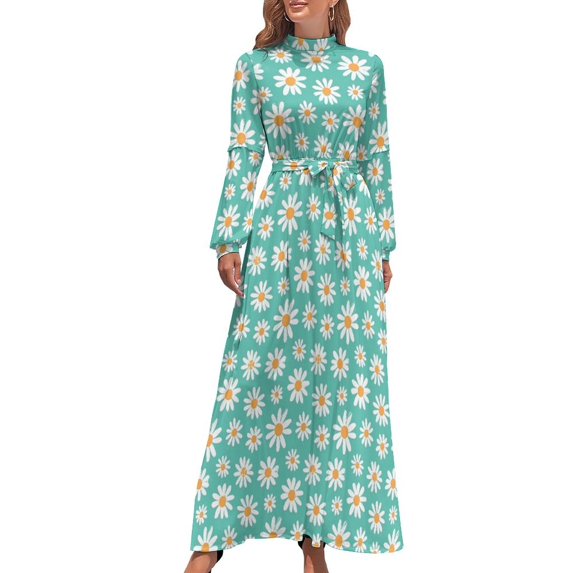 Retro Flower Power Dress High Waist Black and White Graphic Bohemia Dresses Long Sleeve Stylish Long Maxi Dress Elegant Clothes