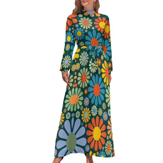 Retro Flower Power Dress High Waist Black and White Graphic Bohemia Dresses Long Sleeve Stylish Long Maxi Dress Elegant Clothes