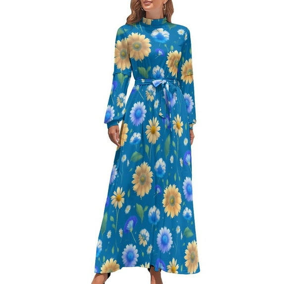 Retro Flower Power Dress High Waist Black and White Graphic Bohemia Dresses Long Sleeve Stylish Long Maxi Dress Elegant Clothes