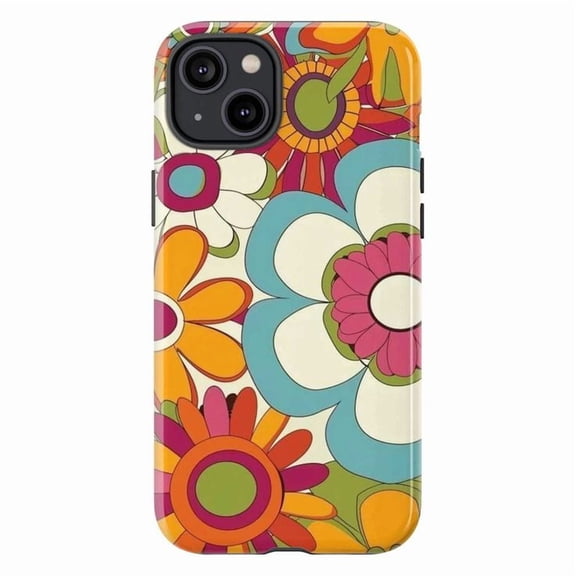 Retro Flower Power Phone Case, Colorful 70s Hippie Floral Design Protective Cover for iPhone 16 15 14 13 12 11 Plus Pro Max Mini, Vintage Groovy Aesthetic