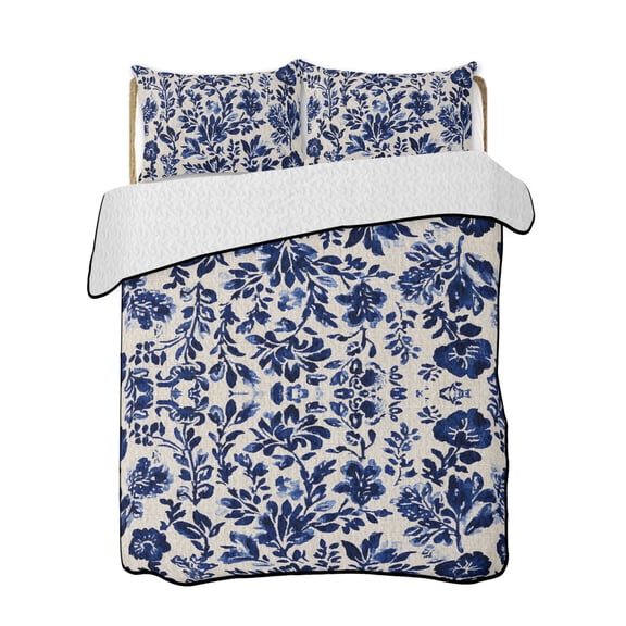 Retro Flower Quilts Bedding Set Queen Size Spring Abstract Dark Blue Floral Pattern Vintage Lightweight Quilted Bedspread 3 Piece Bed Quilt with 2 Pillow Shams All Season for Bedroom 78" x 90"