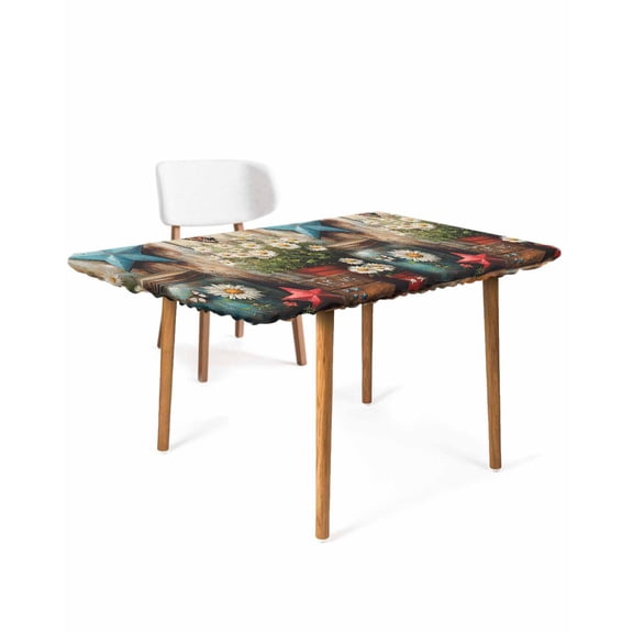 Retro Flower Rectangle Tablecloth, Waterproof Elastic Fitted Table Covers for 3 Foot Tables, 24x36inch Decorative Tablecloths for Picnic, Camping, Outdoor, Red Blue West Texas Star Rustic Butterfly