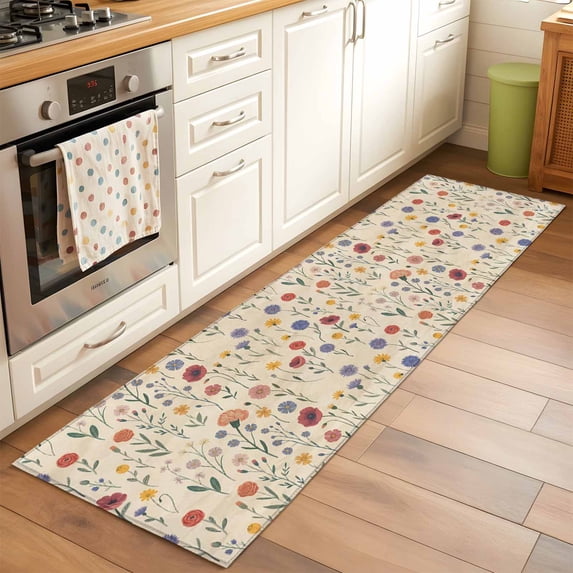 Retro Flower Runner Rugs 2x6 ft Purple Red Yellow Flower Farm Plant Watercolor Washable Hallway Rugs Non-Slip Floor Mats Absorbent Carpet Bedside Runners for Bedroom Kitchen Bathroom Laundry Room