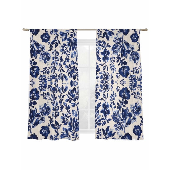 Retro Flower Sheer Curtains for Living Room Bedroom, Spring Abstract Dark Blue Floral Pattern Vintage Light Filtering Sheer Curtain Rod Pocket Voile Window Treaments Drapes, 52 x 72 Inches