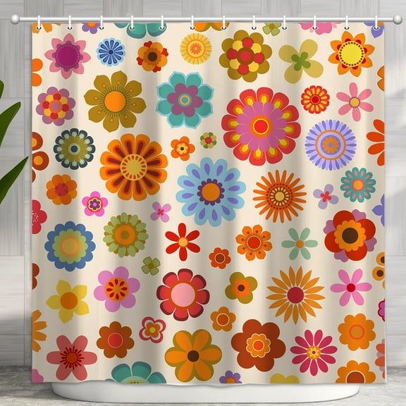 Retro Flower Shower Curtain, Groovy Vintage Hippie Funky 70s Sun Flowers Shower Curtains for Bathroom Decor, Boho Colorful Floral Shower Curtain Set with 12 Hooks, 72X72in