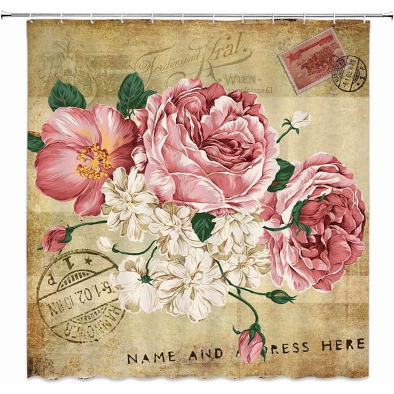 Retro Flower Shower Curtain Pink Rose Vintage Old Envelope Watercolor Floral Polyester Fabric Bathroom Decor Set Include Hooks,(36" Wx70 H)