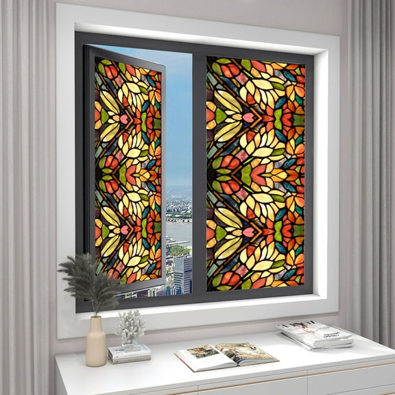 Retro Flower Stained Glass Window Film Removable Bathroom Window Film Window Decals Static Clings