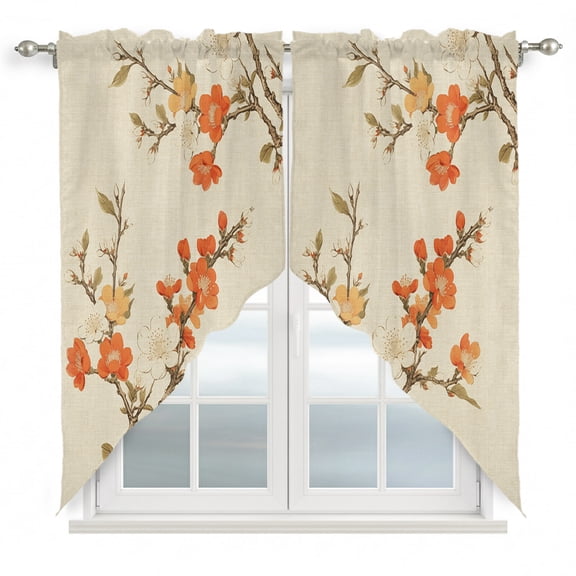 Retro Flower Swag Valances for Windows 36 inches Long, Plum Blossom Bud Branch Leaves Linen Swag Curtains Privacy Light Filtering Curtain Tiers for Kitchen Bathroom 28" W x 36" L, 2 Panels