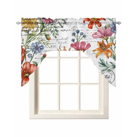 Retro Flower Swag Valances for Windows 56 x 36 Red Orange Pink Floral Spring Plant Illustration Rod Pocket Light Filtering Window Topper for Kitchen Bathroom Bedroom Living Room