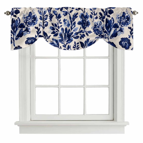 Retro Flower Tie Up Valance for Windows, Spring Abstract Dark Blue Floral Pattern Vintage Adjustable Rod Pocket Tie Up Valance Curtains Window Treatment for Kitchen Bathroom Bedroom 42 X 18 Inch