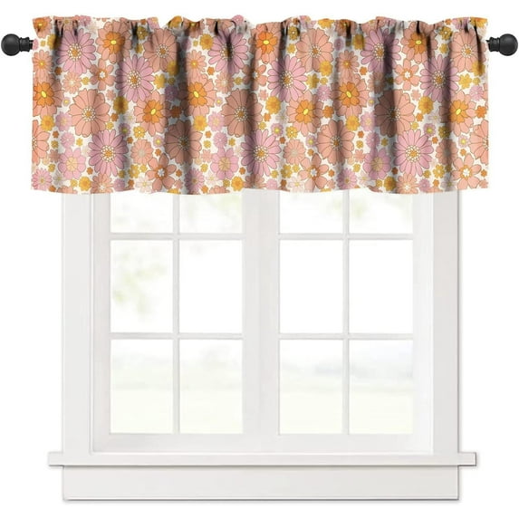Retro Flower Valances Curtains Vintage 70''s and 60''s Style Pink Orange Floral Windows Short Curtain Valance for Kitchen Living Room Bathroom Bedroom Decor with Rod Pocket, One Panel 54X18 Inches
