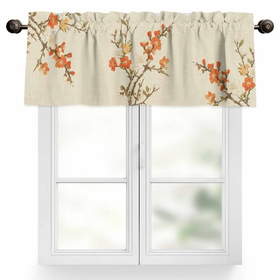 Retro Flower Valances for Windows, 42 x 12in, Plum Blossom Bud Branch Leaves Linen Rod Pocket Kitchen Valance Curtain Light Filtering Window Treatments for Living Room Bedroom, 1 Panel