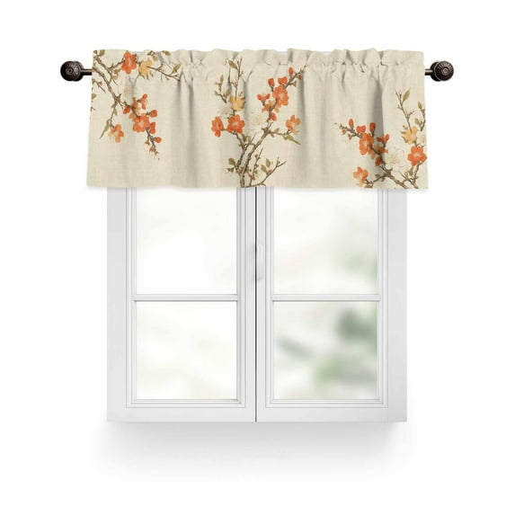 Retro Flower Valances for Windows Plum Blossom Bud Branch Leaves Linen Valance Rod Pocket Light Filtering Short Window Treatments Curtains for Kitchen Bathroom Living Room Bedroom, 54 x 18 Inch