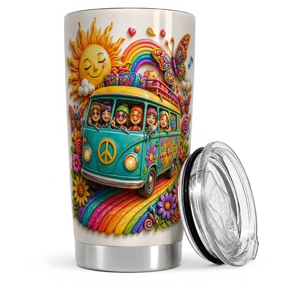 Retro Flower Van 20oz Tumbler, Retro Flower Van Tumbler, Daily Coffee Cup for Travel, Rainbow Road Scene with Smiling Kids, Sunshine, Butterflies, Colorful Festival Decor for Women