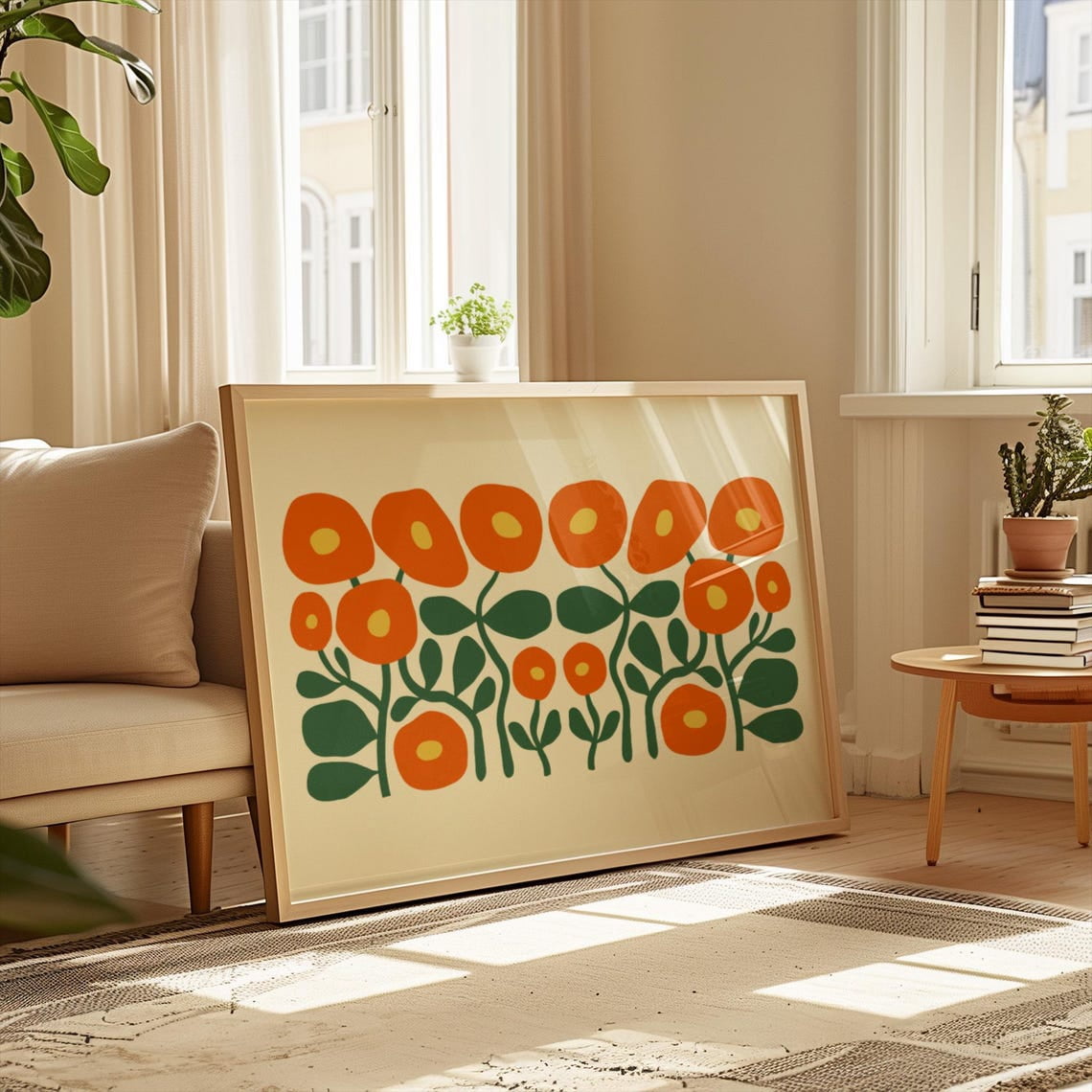 Retro Flower Wall Art Boho Abstract Floral Horizontal Green Orange Bold ...