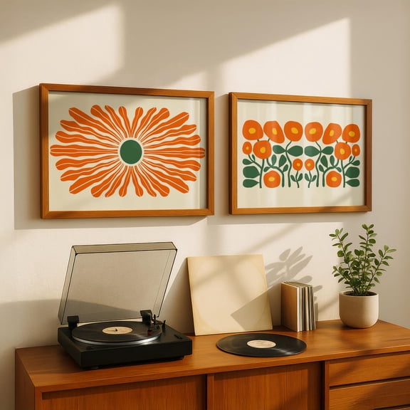 Retro Flower Wall Art Boho Abstract Floral Horizontal Green Orange Bold Botanical Set 2 Unframed Paper Print 20x30