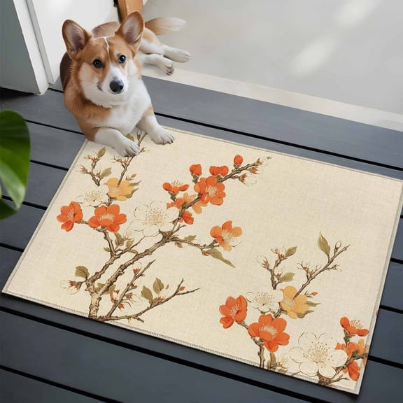 Retro Flower Washable Area Rug 2x3 Plum Blossom Bud Branch Leaves Linen Low-Profile Area Rugs with Non Slip Backing Indoor Floor Carpet for Entrance Living Room Bedroom Home Office