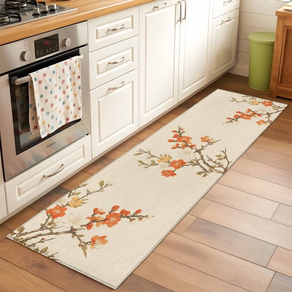 Retro Flower Washable Area Rug 2x6 Plum Blossom Bud Branch Leaves Linen Low-Profile Area Rugs with Non Slip Backing Indoor Floor Carpet for Entrance Living Room Bedroom Home Office