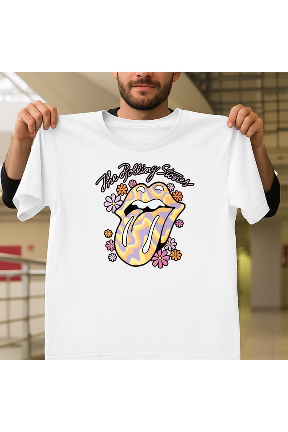 Retro Flower With Tongue Out Funny 70s Hippie Groovy Unisex T-Shirt, Graphic Design V41421, Up to Size 5XL