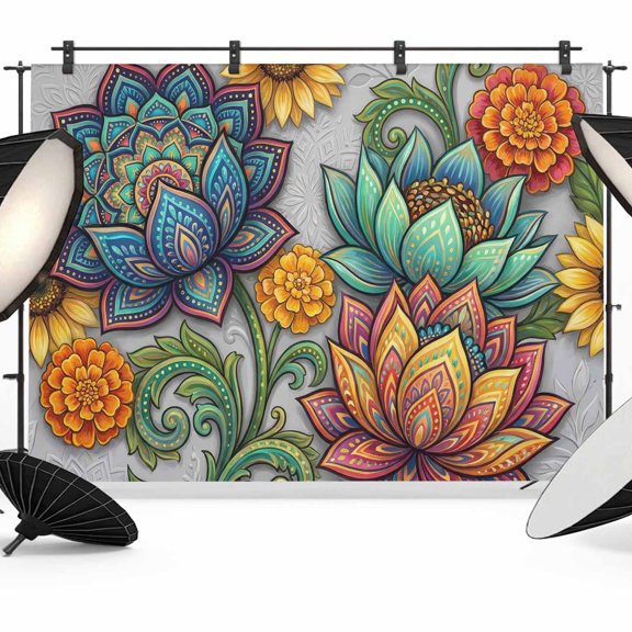 Retro Flowers Backdrop for Photography, Blue Pink Orange Flower Bohemian Abstract Photo Backdrop Portrait Background Party Banner Photo Backgrounds for Studio Booth Props, 7x5ft