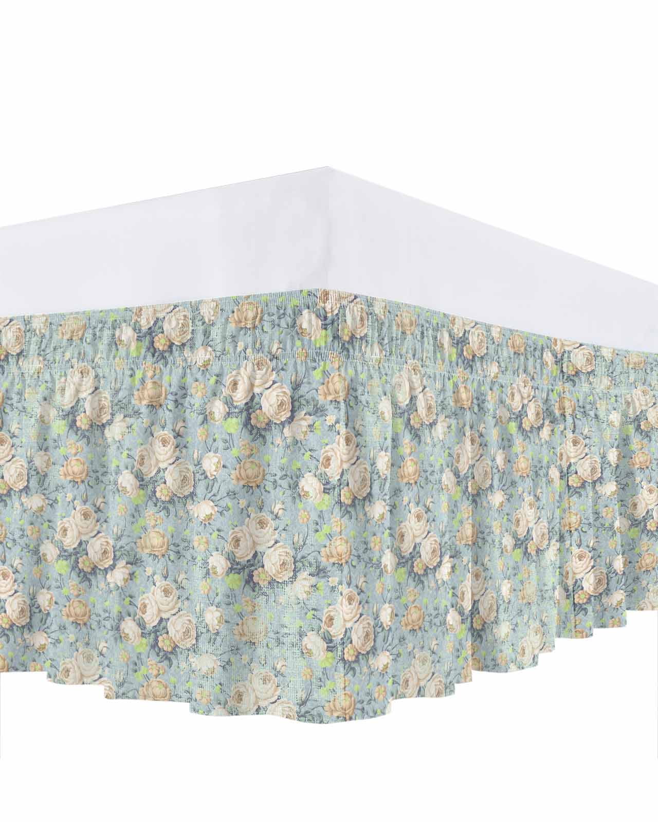 Retro Flowers Bed Skirt King Size 16 Inch Drop, Watercolor Camellia Blue Illustration Adjustable Elastic Dust Ruffles Bedskirt for King Bed Wrap Around Pleated Mattress Frame Cover