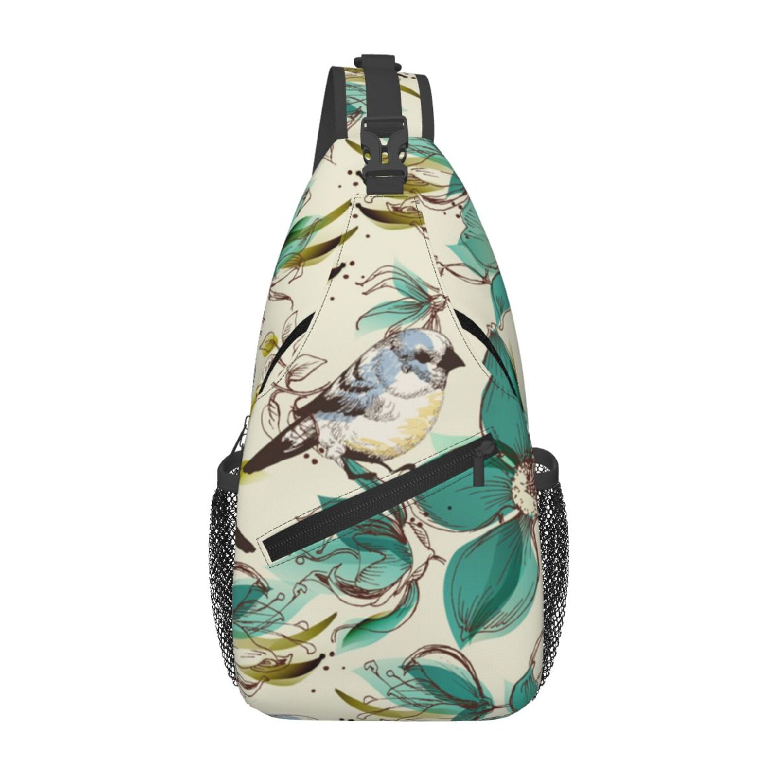 Retro Flowers Birds Watercolor Sling Backpack Shoulder Chest Crossbody Bag Causal Travel Hiking Daypack