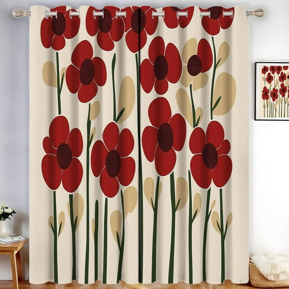 Retro Flowers Blackout Curtains Red Flowers Thermal Eyelet Curtains Ring Top Cream Window Drapes For Living Room, Bedroom 42"W x 63"L (Pack of 2)