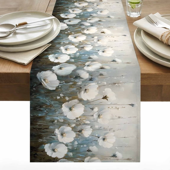 Retro Flowers Cotton Linen Table Runner Spring White Floral Green Plant Oil Painting Dining Table Runners for Home Decor Party Dining Room Restaurant Kitchen 13" x 36"