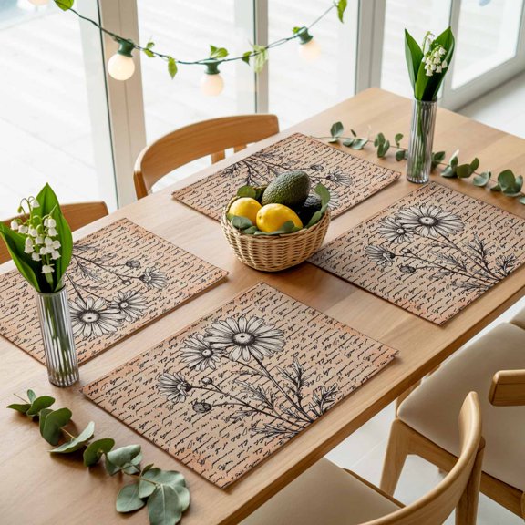 Retro Flowers Daisy on Letter Placemats Set of 4,Wipeable Washable Table Mats for Dining Tables, Watercolor Country Floral Place Mats for Kitchen Event Party Tabletop Decor