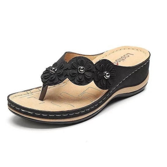 Retro Flowers Flat Bottom Round Head Casual Female Sandals - Large Size Flip-Flops