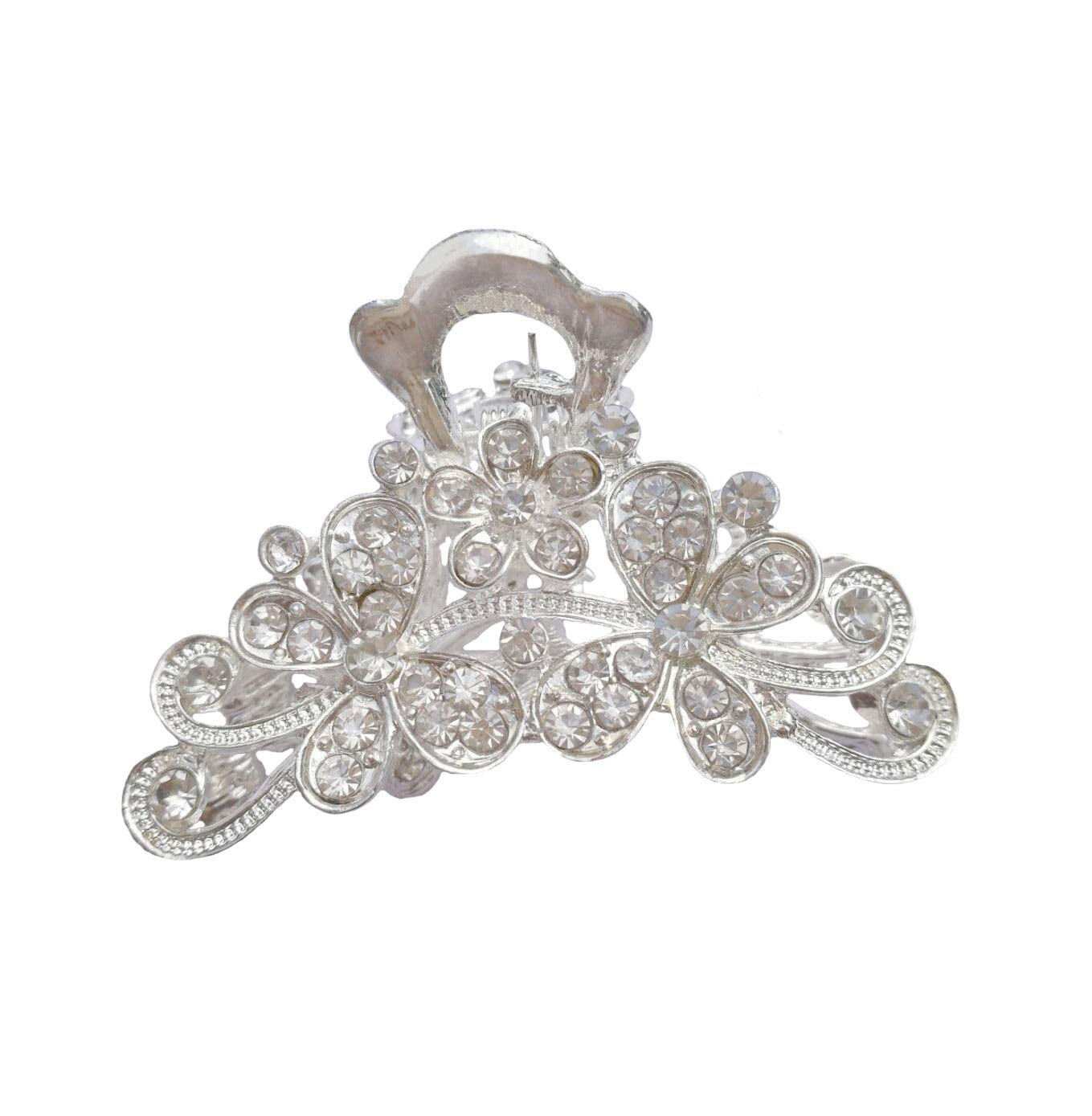 Vintage Metal Jaw clip with White & Crystal Flowers USA SMALL VINTAGE FLOWER METAL HAIR CLAW CLIP JAW HAIRPIN  main image 2