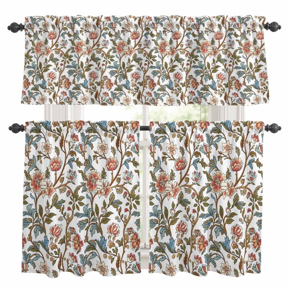 Retro Flowers Kitchen Curtains Valances and Tiers Set of 3 Red Vintage Floral Branch Tier Curtains and Valance with Rod Pocket for Small Windows, 27.5"x24"
