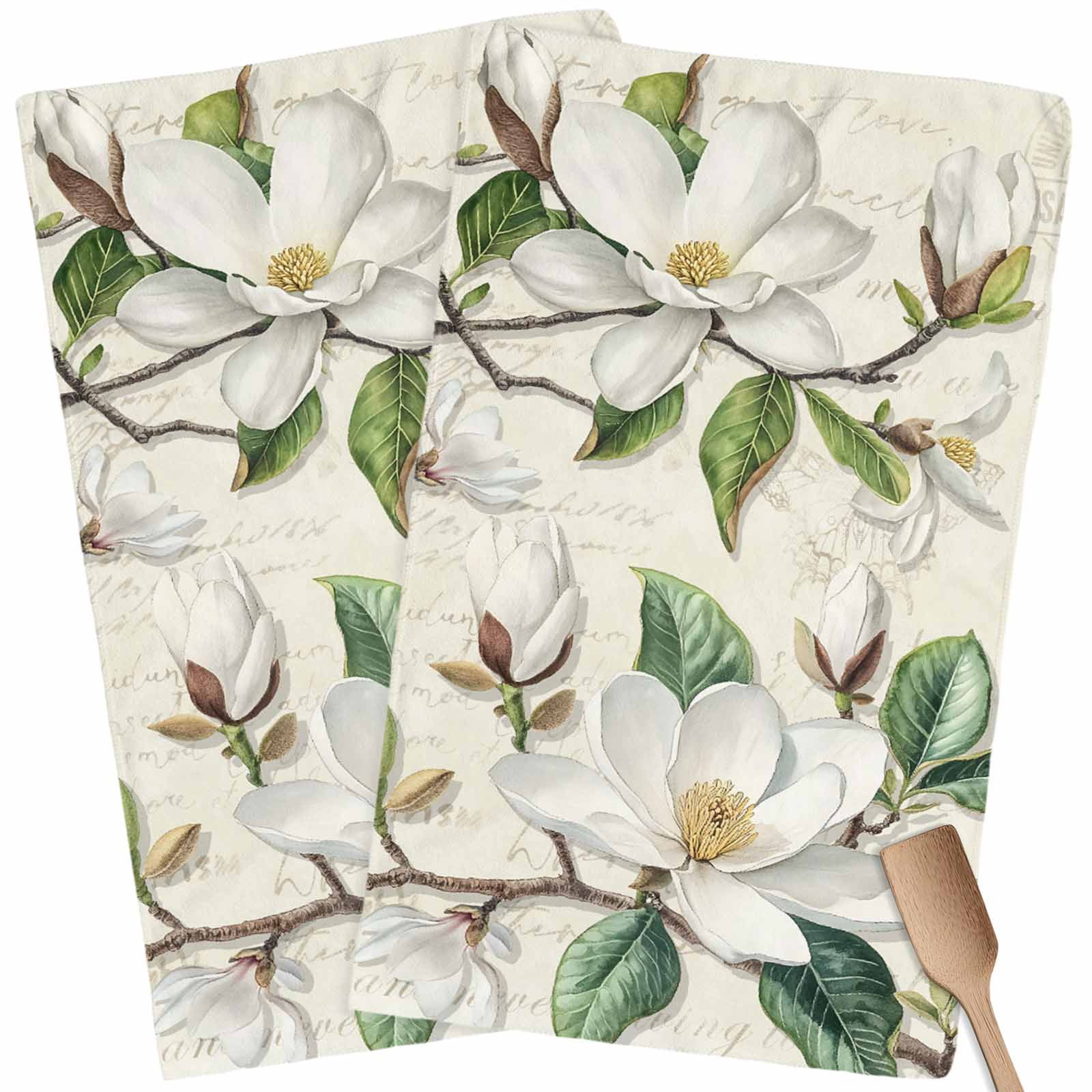 Retro Flowers Kitchen Towel Dish Cloths Set of 2, Microfiber Soft Kitchen Hand Towels, Farmhouse Leaf Branch Green Plants Absorbent Quick Drying Dishcloths 18 x 28 Inches