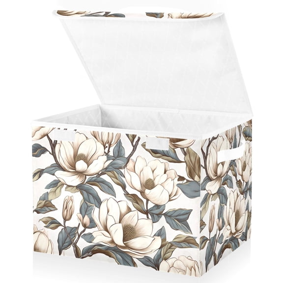 Retro Flowers Large Lidded Bin Foldable Storage Baskets Boxes Cubes Lids with 2 Handles for Home Bedroom Office 16.5x12.6x11.8inch