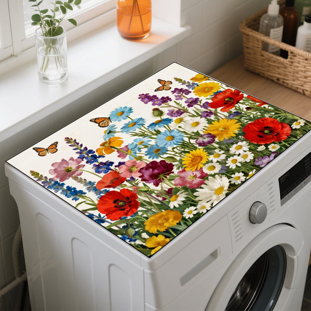 Retro Flowers Laundry Washer Dryer Dust Cover Mat 23.6x19.6inch Colorful Wildflowers Washing Machine Top Protector Pads Butterflies Non