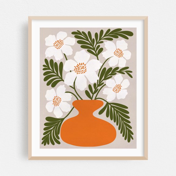 Retro Flowers | Midcentury Florals  - Stockholms län Sweden Illustration Floral Botanical Flowers Modern Art Minimalist Geometric Kitchen Decor Oak Framed Wall Art Print 6 x 8 inches