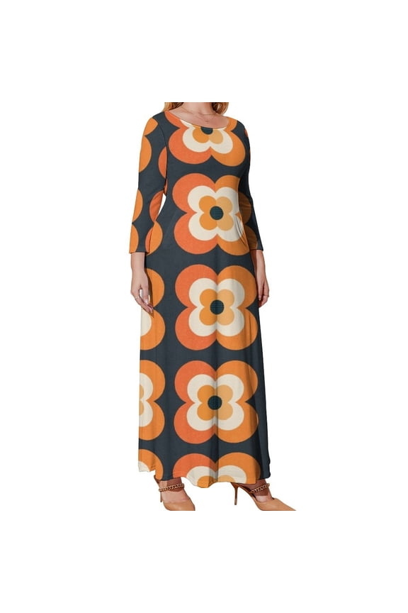 Retro Flowers - Orange and Charcoal Long Sleeved Dress birthday dresses for women elegant women's dresses for wedding