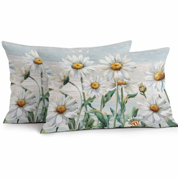 Retro Flowers Outdoor Pillow Covers Pack of 2 Daisy Wildflowers Plants Blue Wood Grain Waterproof Throw Pillow Covers Decorative Cushion Cases for Patio Garden Tent Balcony Couch 20x12 inch