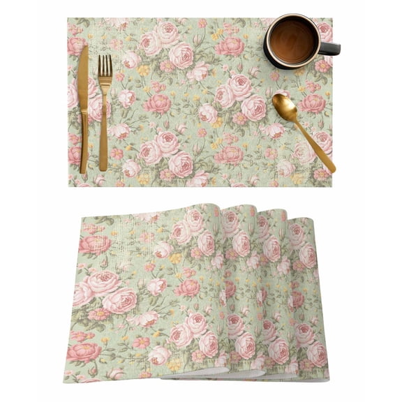 Retro Flowers Placemats Set of 12 Watercolor Camellia Pink Illustration Heat Insulation Washable Place Mats, Rustic Non-Slip Table Mats for Dining Table Party Kitchen Decor,13x19 Inch