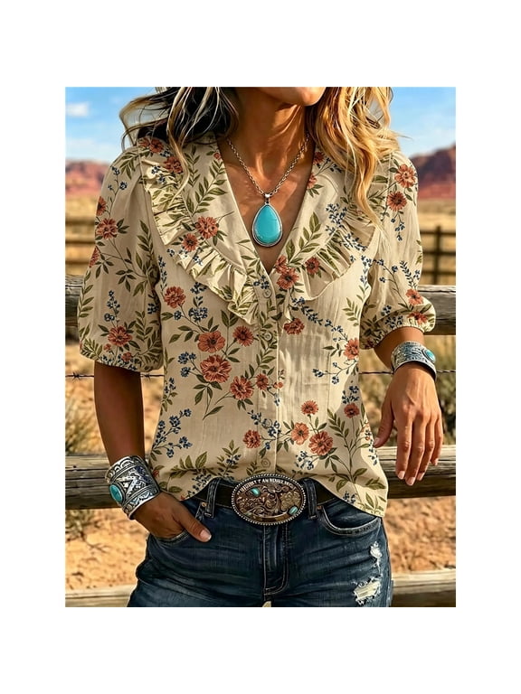 Retro Flowers Print V Neck Women Blouse, Ruffle Trim Puff Half Sleeve Button Down Shirt, Lightweight Polyester Casual Tops for Western Daily Vacation