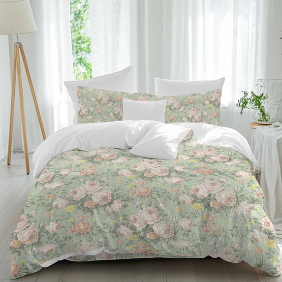 Retro Flowers Queen Size Comforter Set, Watercolor Camellia Green Illustration Bedding for All Seasons, 4 Pcs Bed Set, 1Quiltcover (90"x92") ,1Sheet(94"x116"), 2Pillowcases (30"x20")