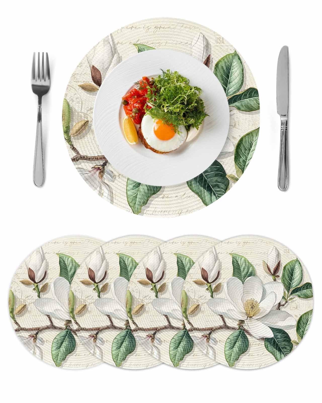 Retro Flowers Round 13 Inch Placemats Set of 4, Farmhouse Leaf Branch ...