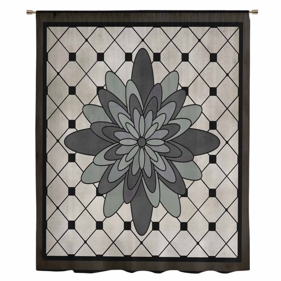 Retro Flowers Sheer Curtains 45 Inches Long, Boho Ethnic Retro Abstract Florals Grid Light Filering Curtains, Breathable Simi Curtain Privacy Drapes for Kitchen Bathroom Small Window Treatment