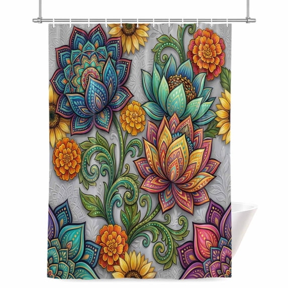 Retro Flowers Shower Curtain, Blue Pink Orange Flower Bohemian Abstract Waterproof Shower Curtain Set with 12 Hooks Lightweight Bath Curtains Fabric Bathroom Decor 60x72 Inches