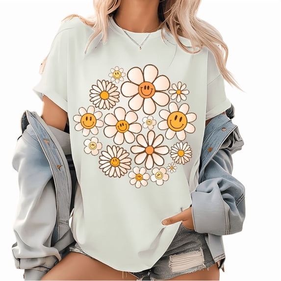 Retro Flowers Smiling Face Graphic T Shirt Vintage Daisy Smile Faces Print Tee Summer Floral Cotton Classic Loose Tops trendy and popular round-neck design is retro White Vacation,XL