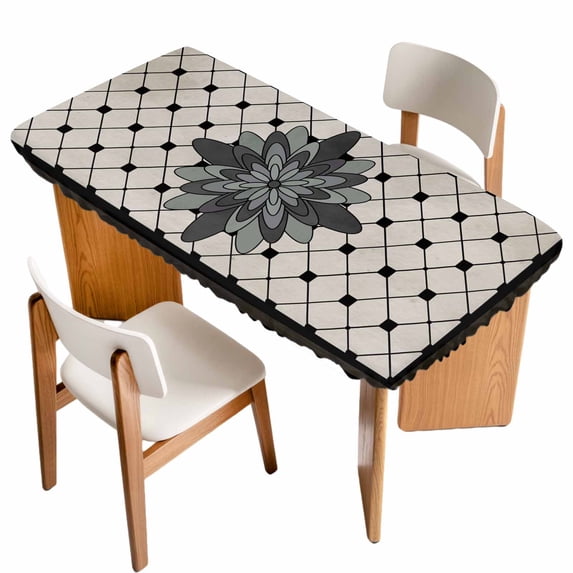Retro Flowers Table Cloths for 5 Foot Rectangle Tables, Boho Ethnic Retro Abstract Florals Grid Patio Waterproof Elastic Fitted Tablecloths, Washable Rectangular Table Cover for Camping