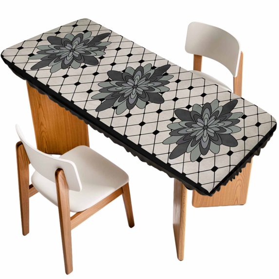 Retro Flowers Table Cloths for 8 Foot Rectangle Tables, Boho Ethnic Retro Abstract Florals Grid Patio Waterproof Elastic Fitted Tablecloths, Washable Rectangular Table Cover for Camping