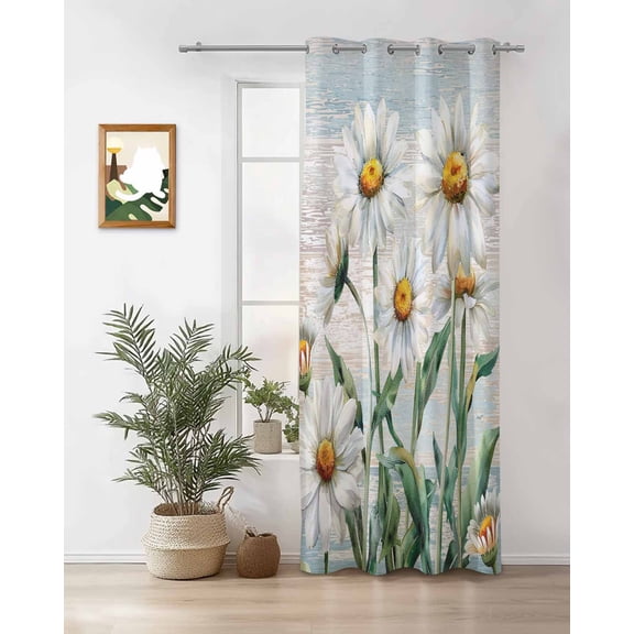 Retro Flowers Thermal Insulated Blackout Curtains for Bedroom 45 Length Daisy Wildflowers Plants Blue Wood Grain Room Darkening Curtain 1 Panel Grommet Window Curtain Drape for Living Room